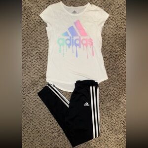 Classic 3 Stripe Adidas Leggings + Melting Logo Tee Youth Girls Athletic Outfit